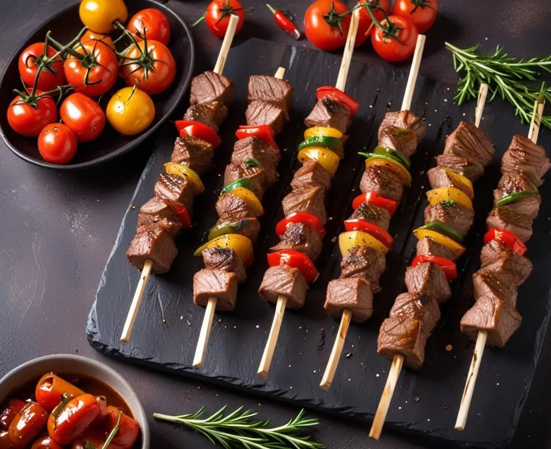 Brochettes d'agneau marinées et poivrons grillés