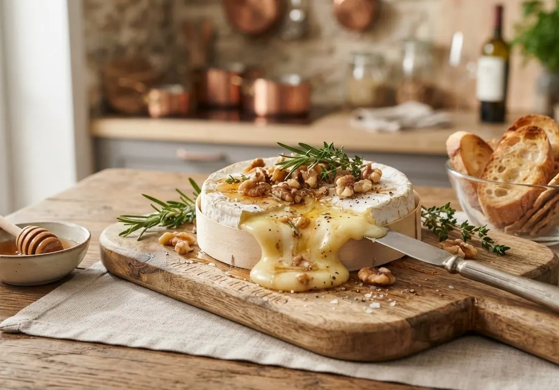 Camembert rôti au miel, noix et romarin