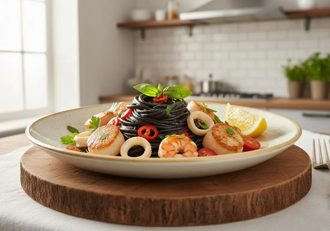 Linguine à l'Encre de Seiche et Trésors de l'Océan