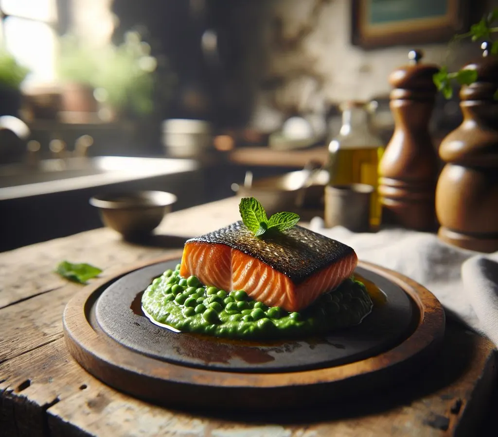 Saumon à la plancha, purée de petits pois à la menthe
