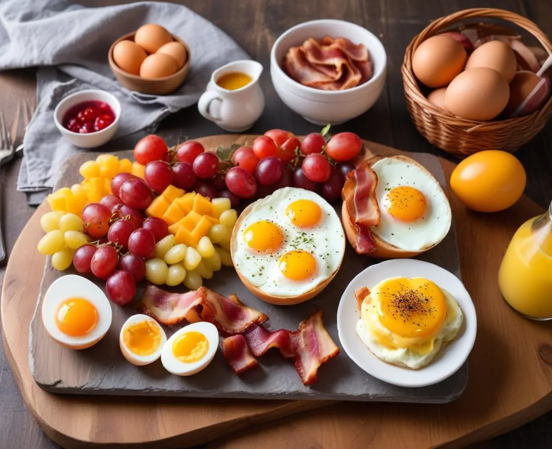Brunch : Oeufs brouillés, bacon, pain grillé, fruits frais