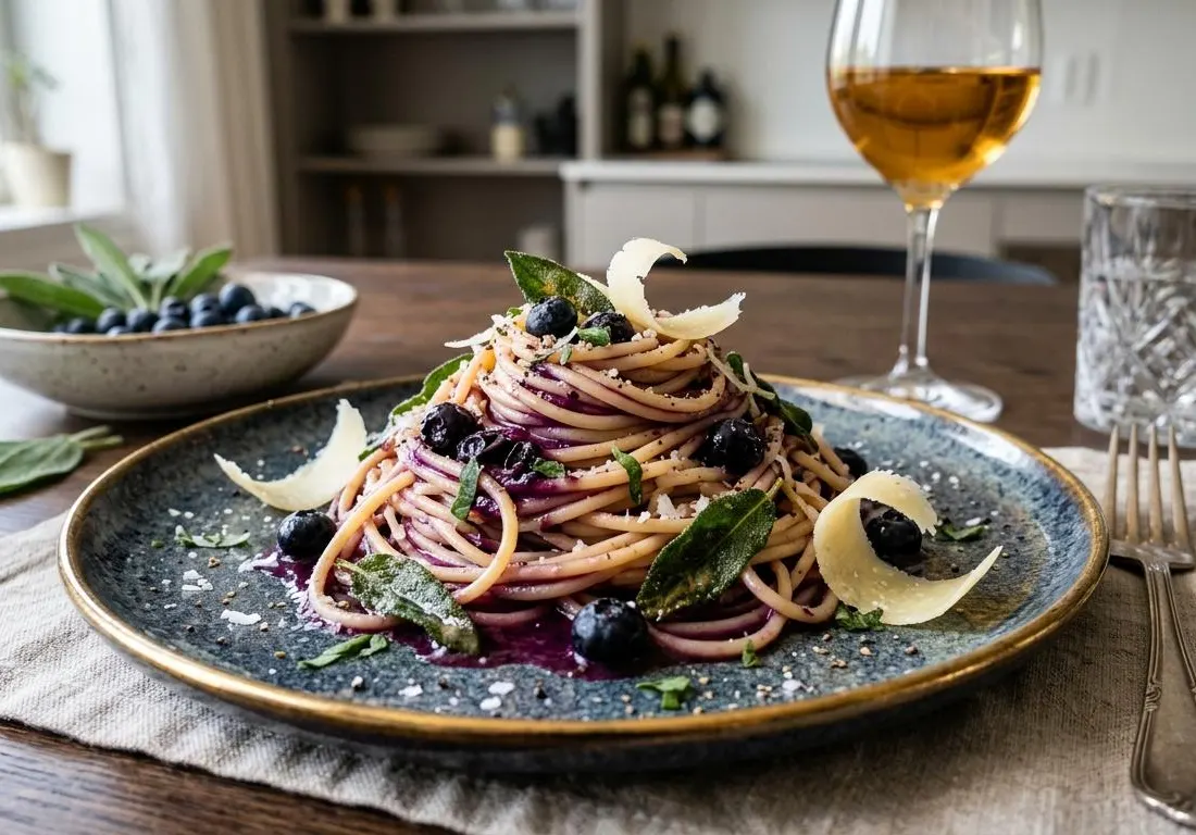 Spaghettis "Midnight Sun" au Beurre de Myrtilles et Sauge