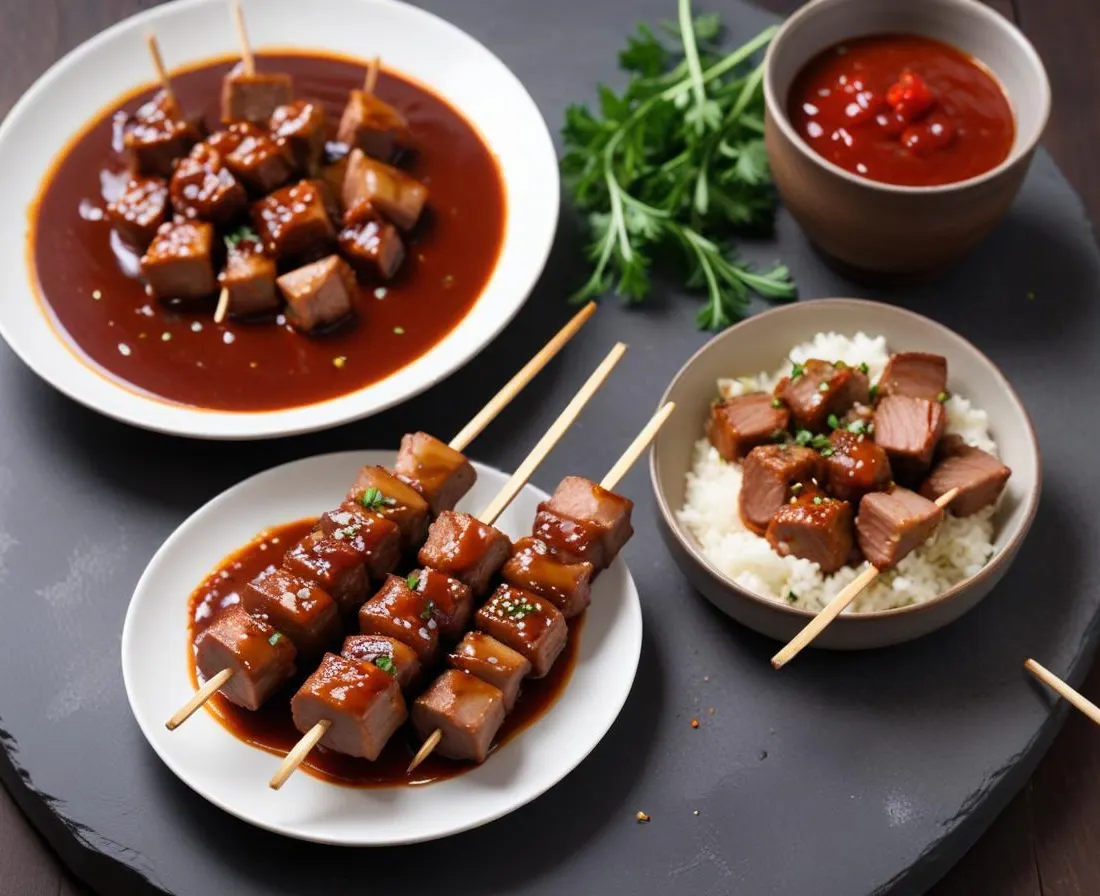 Brochettes de porc caramélisé à la sauce soja et au gingembre