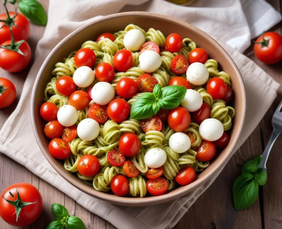 Salade de Pâtes Complètes au Pesto, Tomates Cerises et Mozzarella