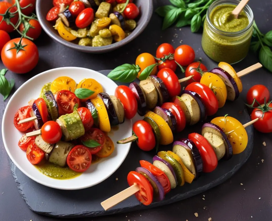 Brochettes de poivrons, aubergines et tomates cerises au pesto