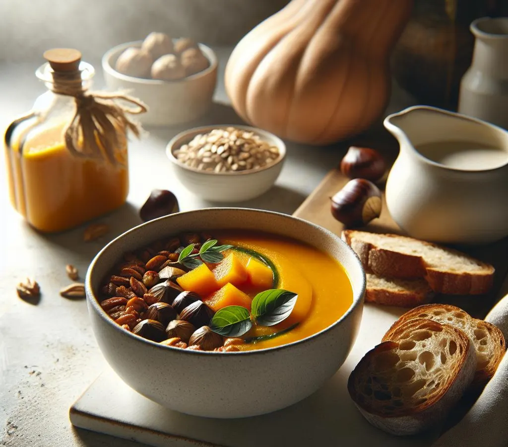 Soupe de potimarron et châtaignes, accompagnée de pain complet