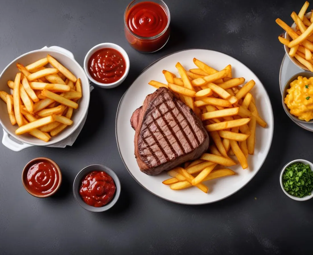 Steak Haché Grillé, Salade Composée et Frites de Patates Douces