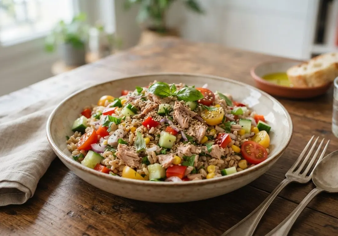 Salade de riz complète au thon et aux crudités croquantes