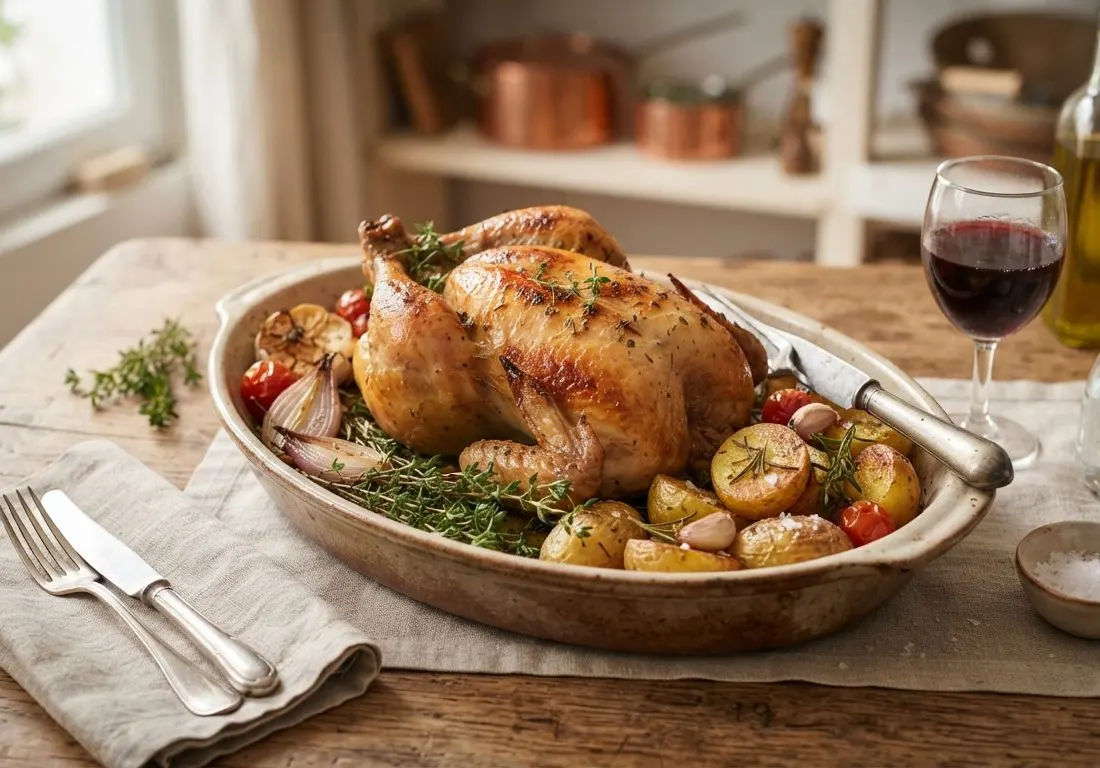 Poulet rôti aux pommes de terre et thym