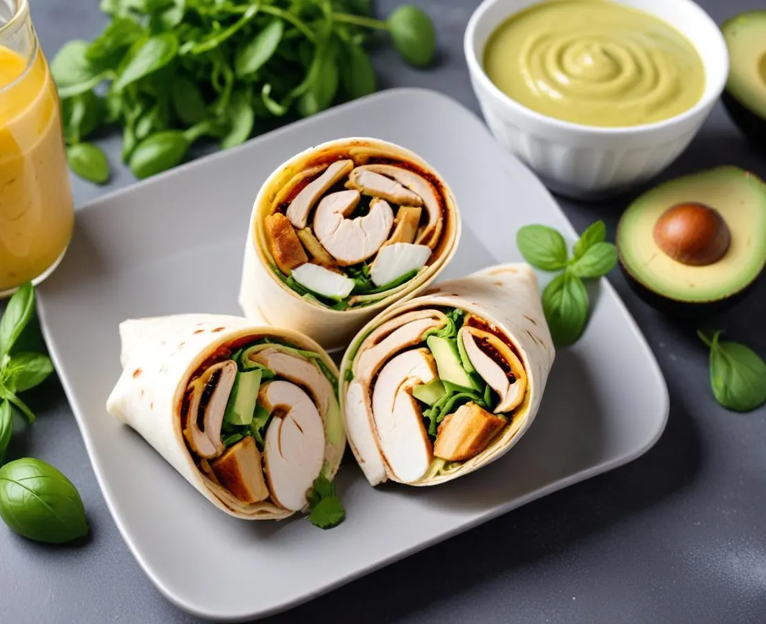 Wrap au poulet grillé, avocat et sauce yaourt-menthe