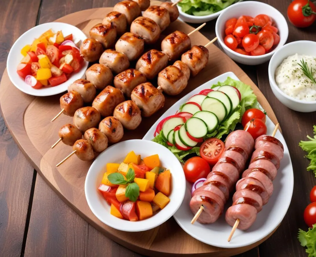 Barbecue estival : Brochettes de poulet, saucisses et salade de crudités