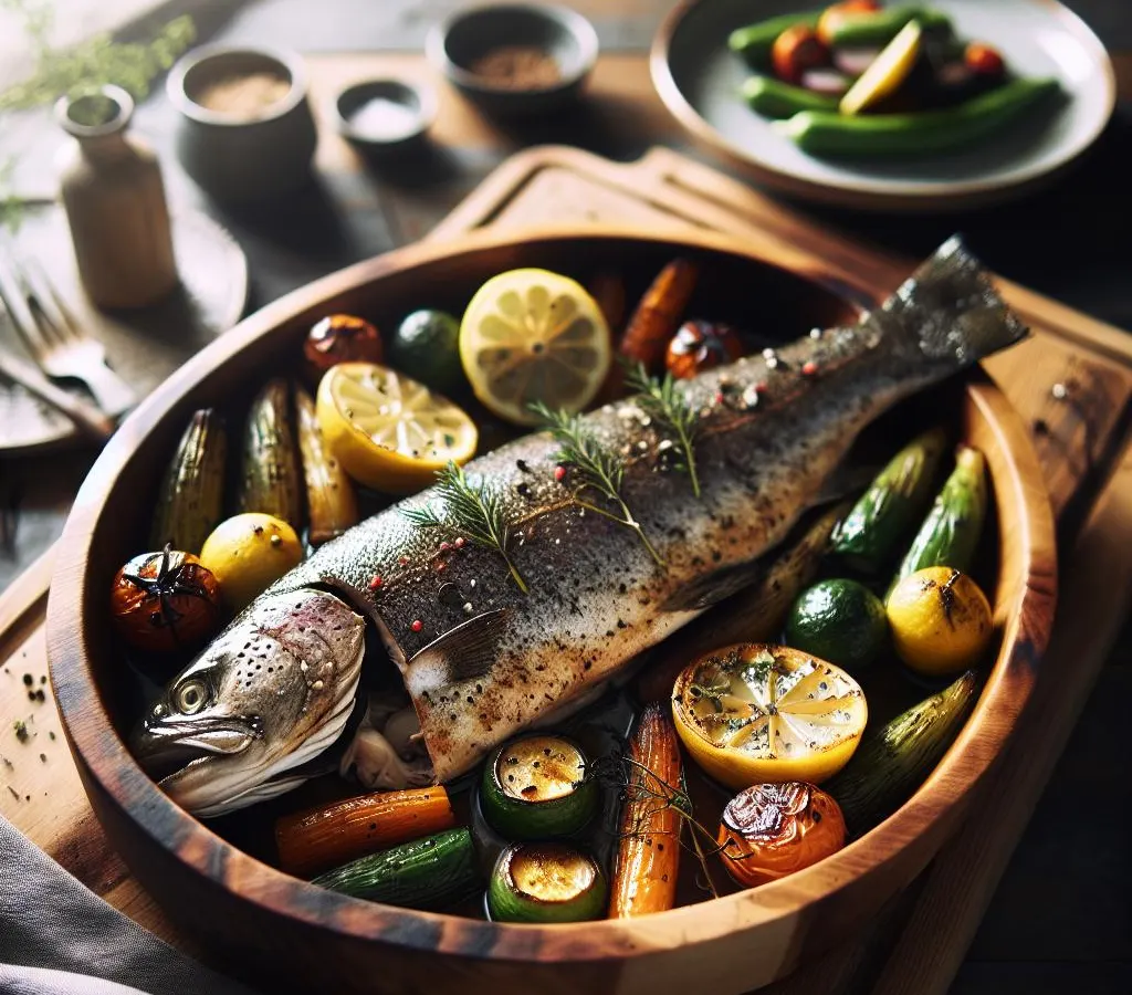 Truite au four, farcie aux herbes et citron, accompagnée de légumes d'hiver rôtis