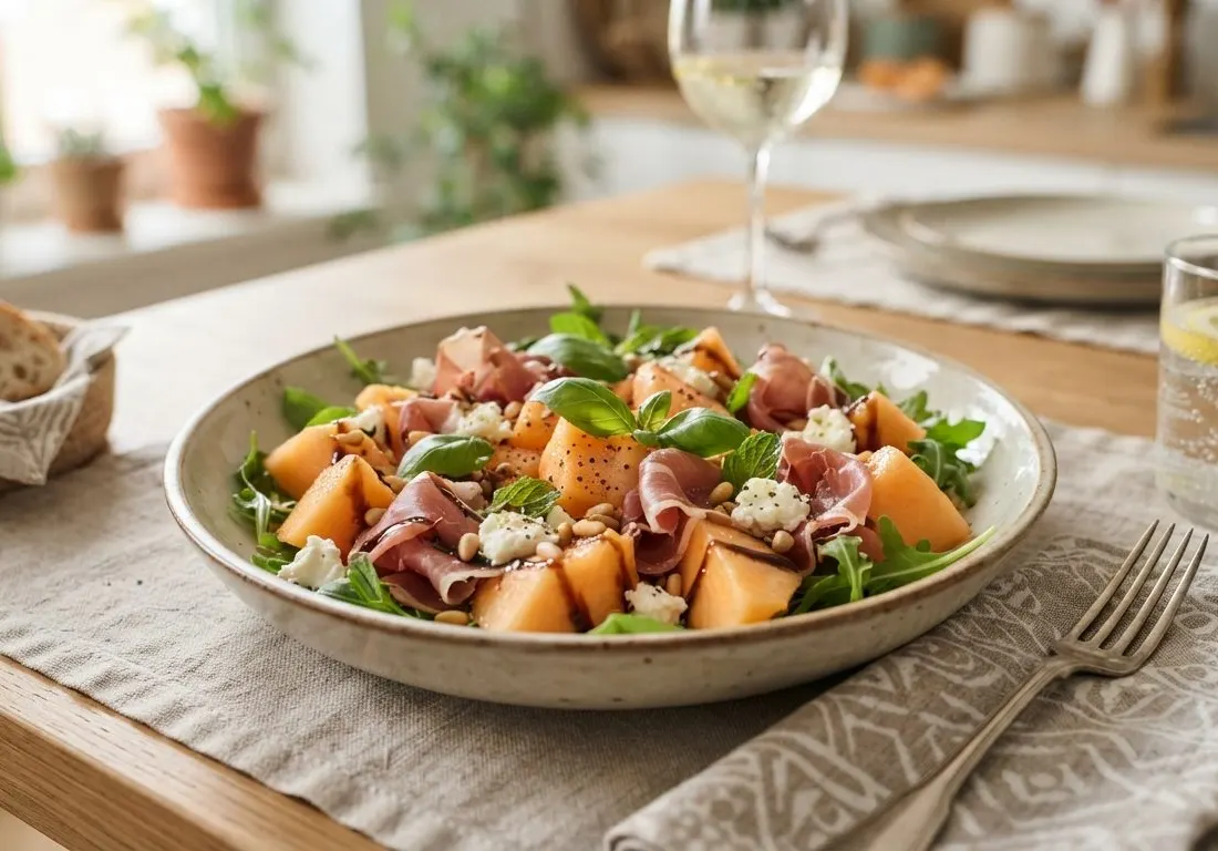 Salade fraîcheur de melon au jambon cru et pignons