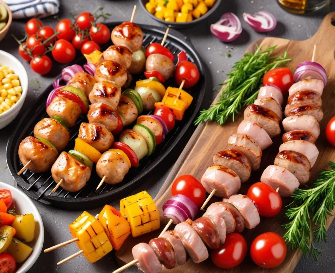 Barbecue estival : Brochettes de poulet, saucisses et légumes grillés