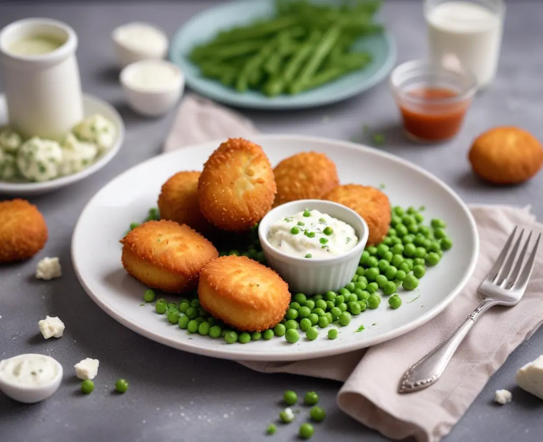 Croquettes de petits pois et feta, sauce au yaourt mentholée