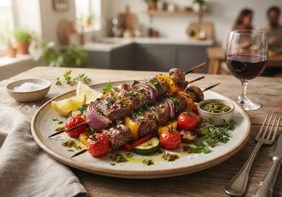Brochettes de bœuf marinées et légumes croquants
