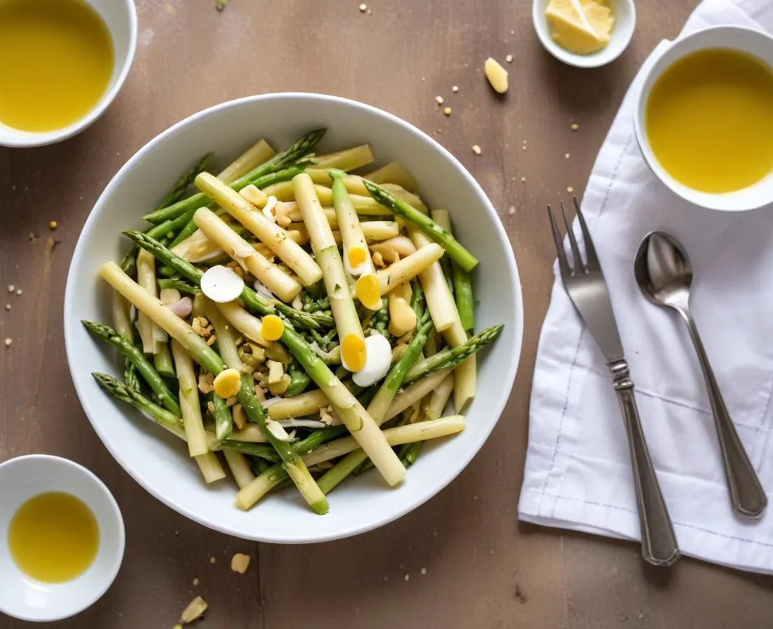 Salade de printemps aux pâtes, asperges et vinaigrette citronnée