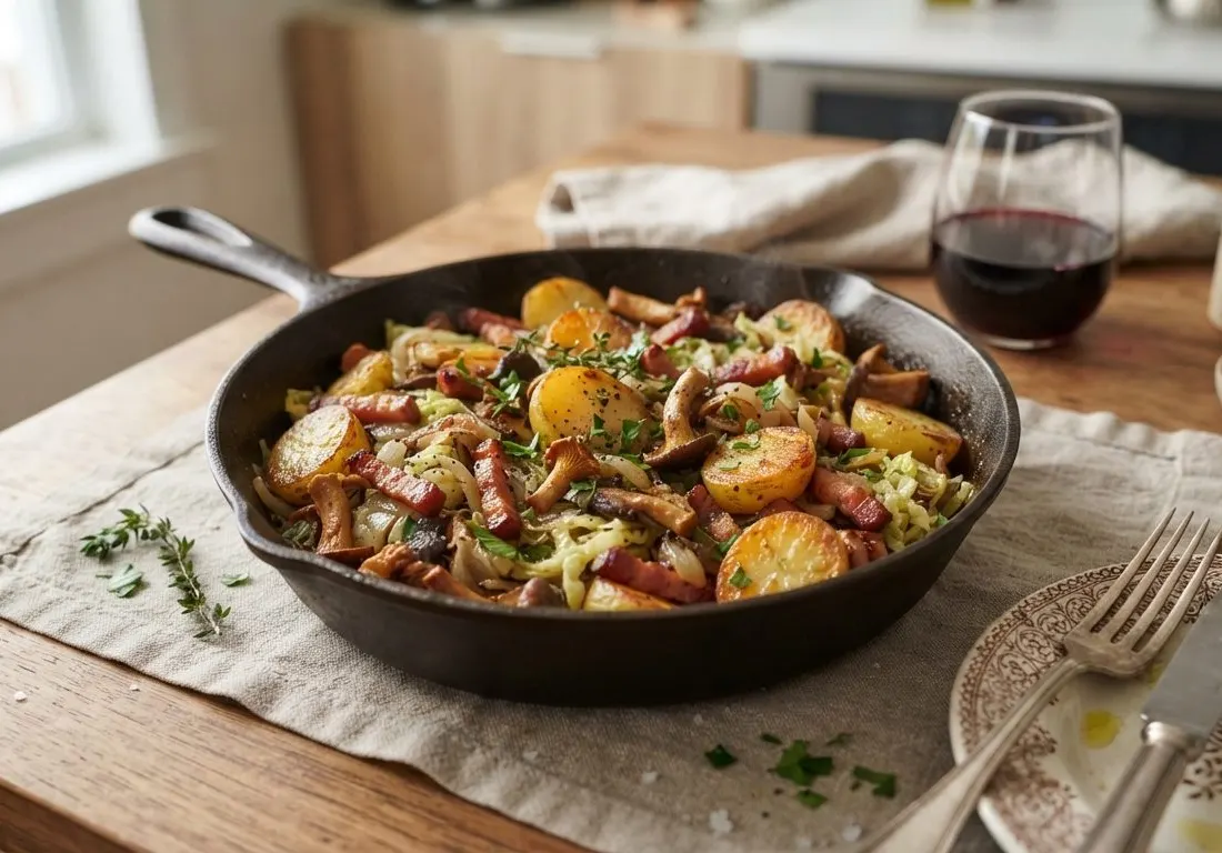 Poêlée Campagnarde aux Champignons, Chou et Lard Fumé