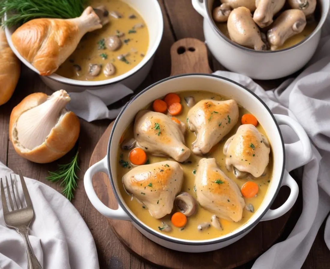 Cuisses de poulet à la crème et champignons frais en cocotte