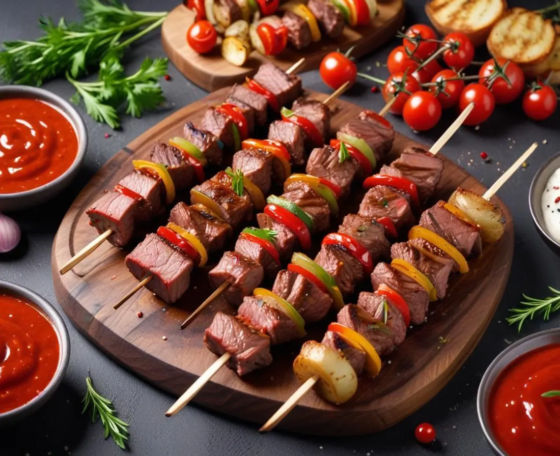 Brochettes de bœuf aux oignons rouges et sauce barbecue maison