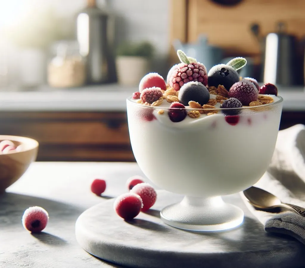 Yaourt grec avec granola et fruits rouges surgelés