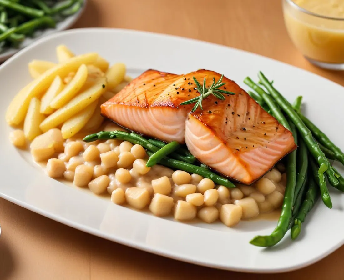 Filet de Saumon Poêlé, Purée de Pommes de Terre et Haricots Verts