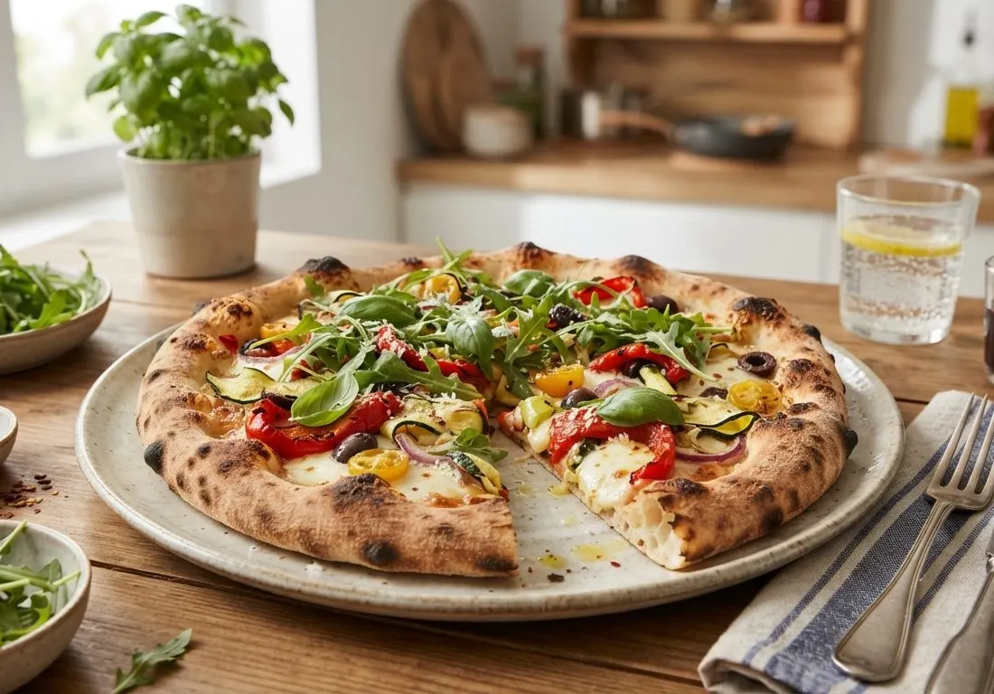 Pizza maison aux légumes d'été et roquette