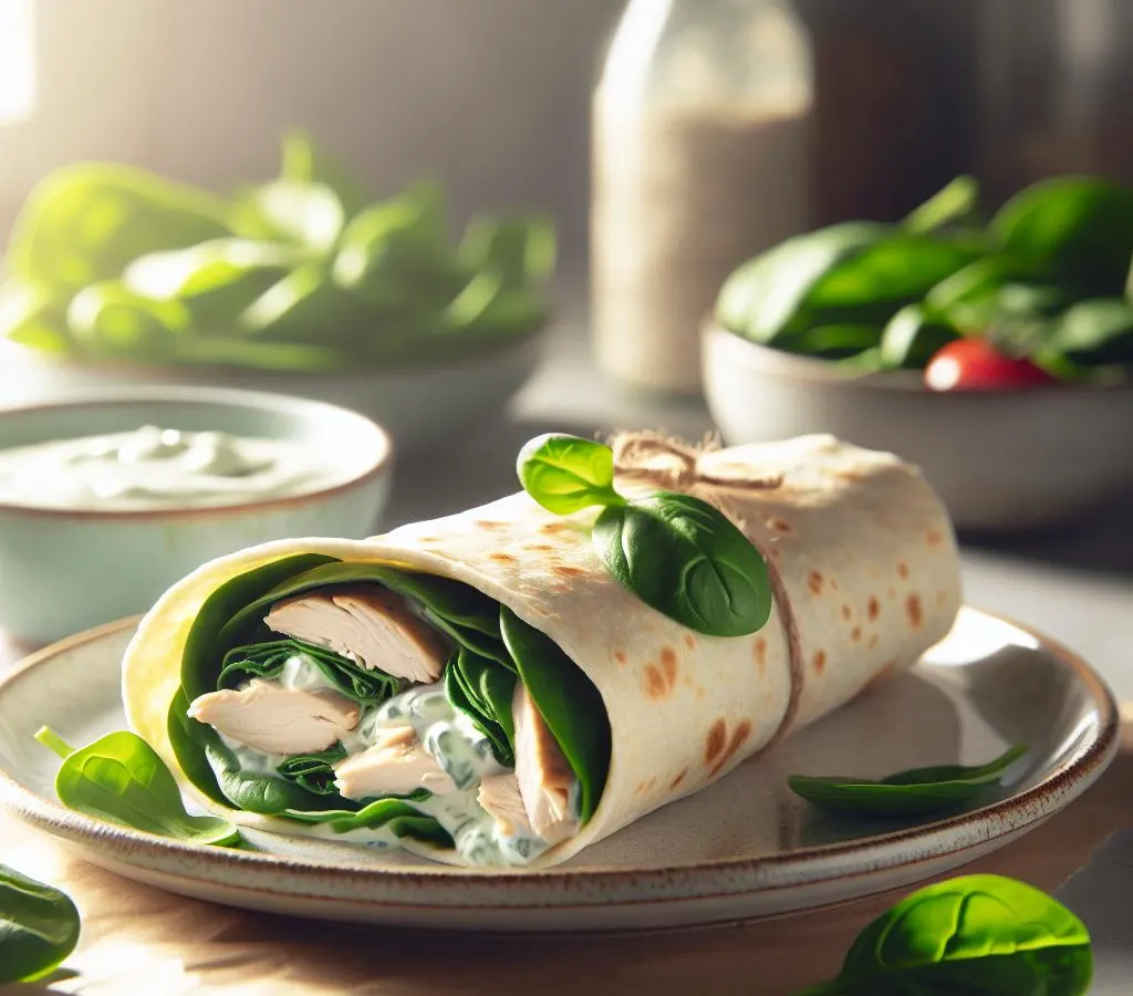 Wrap au poulet froid, épinards frais, et sauce au yaourt et herbes