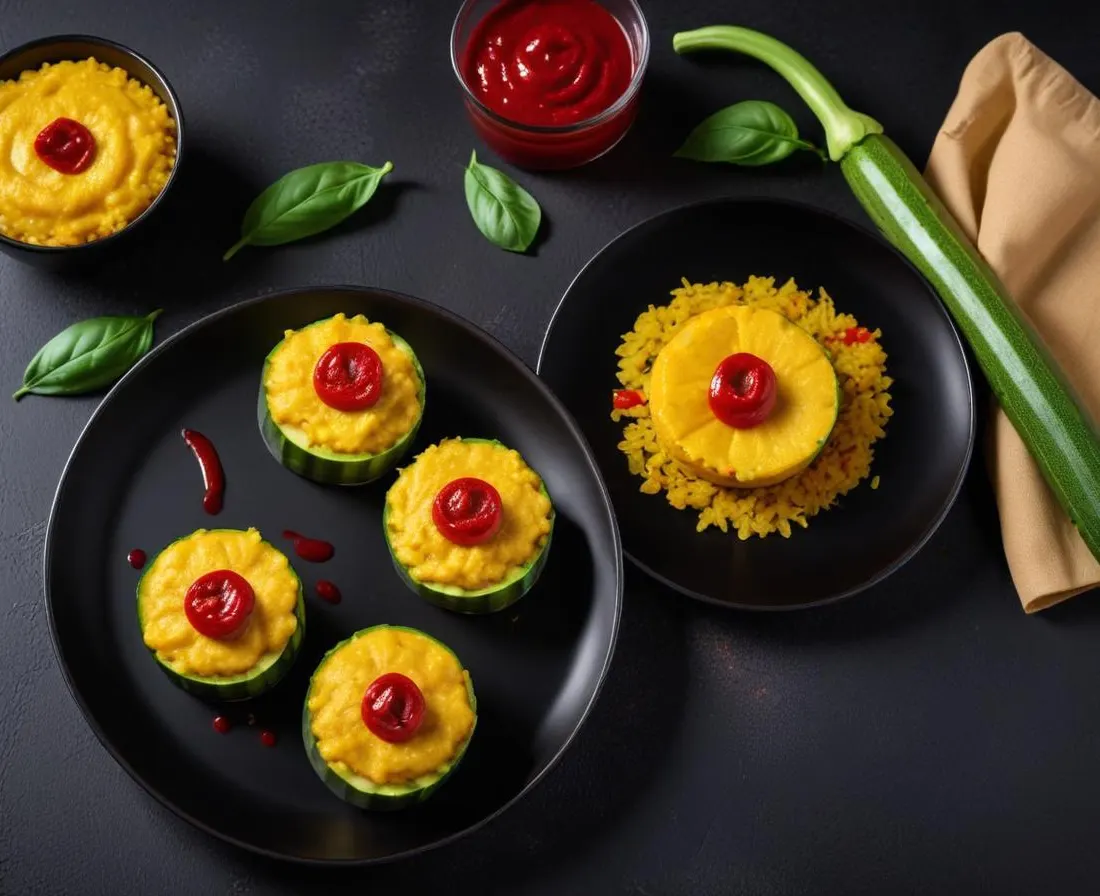 Bouchées de Courgette Fleur et Curry Rouge sur Lit de Riz Noir Venere