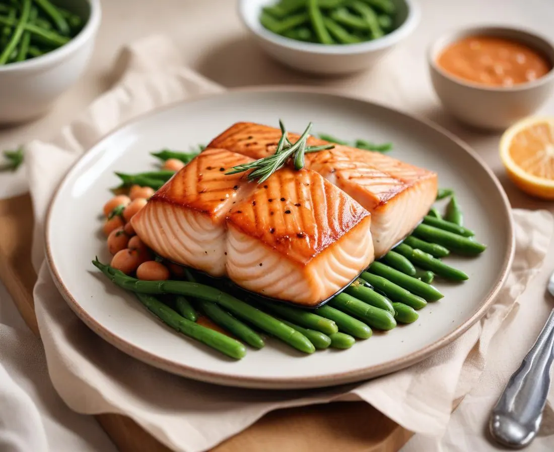 Saumon Grillé, Sauce à l'Aneth et Haricots Verts