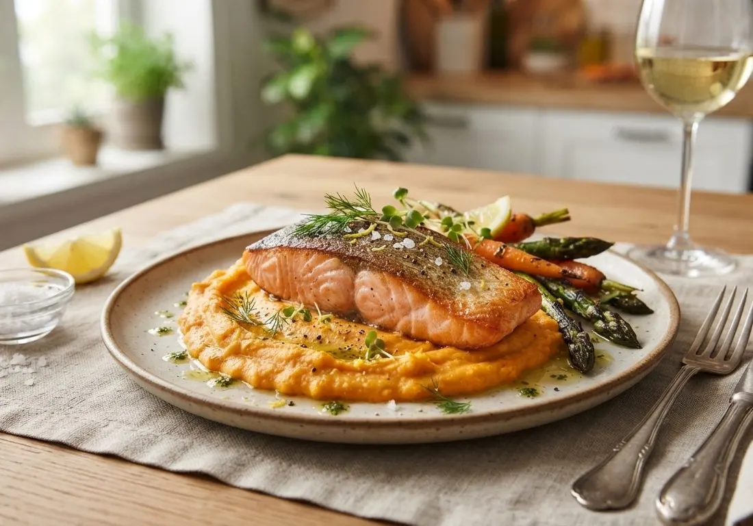 Purée de patates douces et pavé de saumon