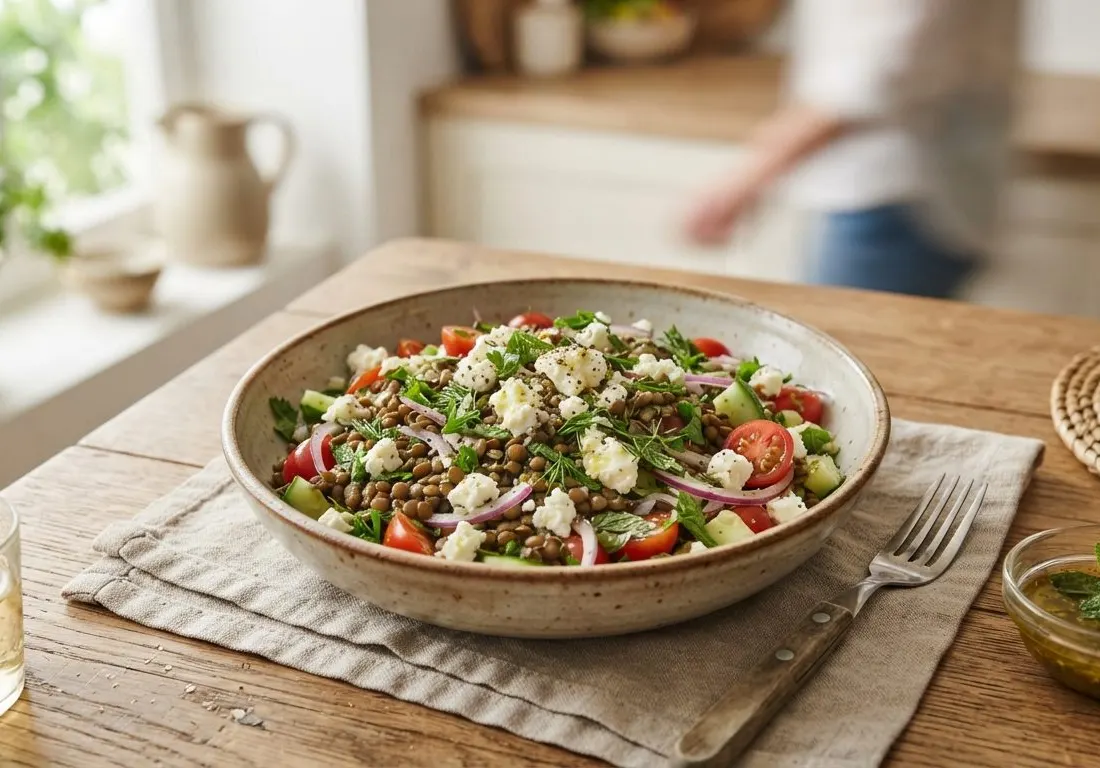 Salade de lentilles et feta, aux herbes fraîches
