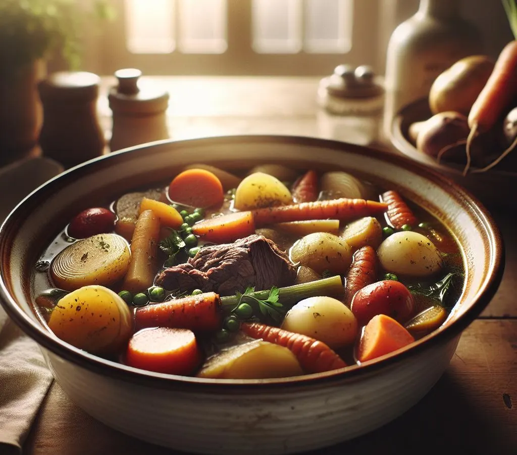 Pot-au-feu de légumes racines et boeuf, bouillon parfumé aux herbes
