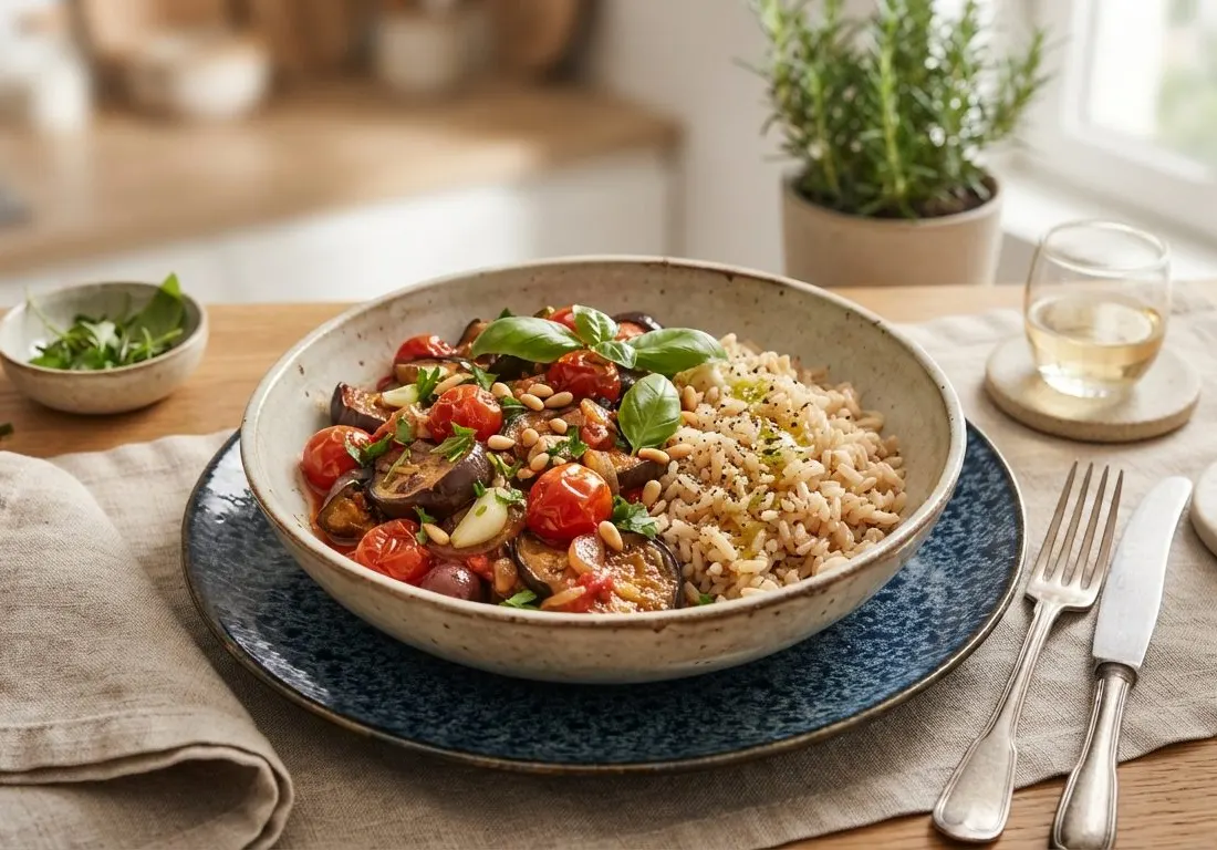 Poêlée d'aubergines à la provençale et riz complet