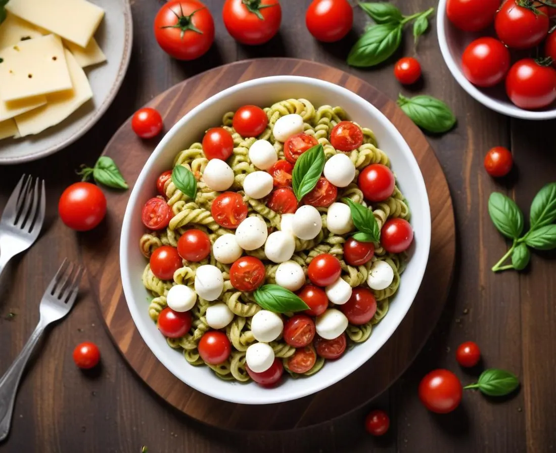 Salade de Pâtes au Pesto, Tomates Cerises et Mozzarella