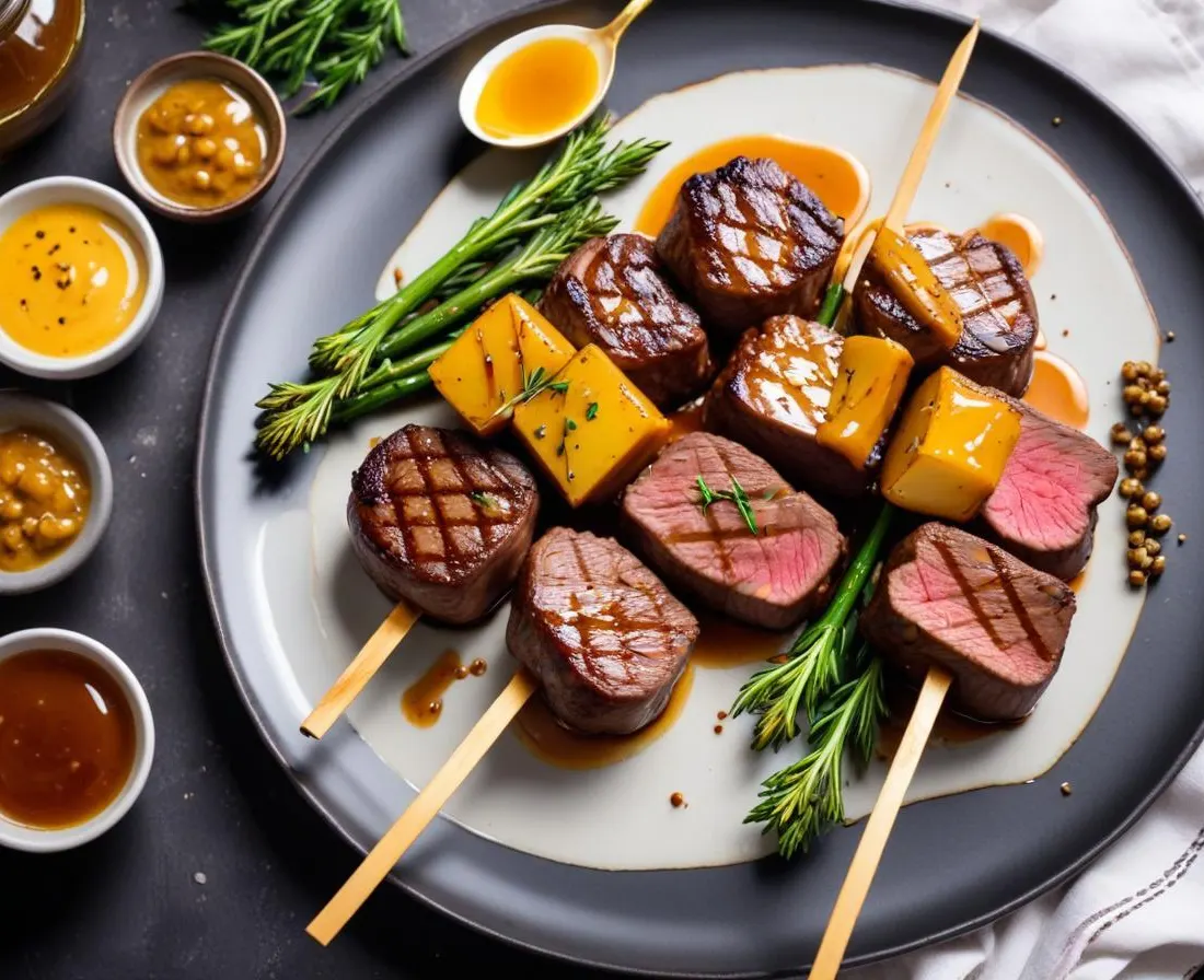 Brochettes de filet mignon au miel et moutarde