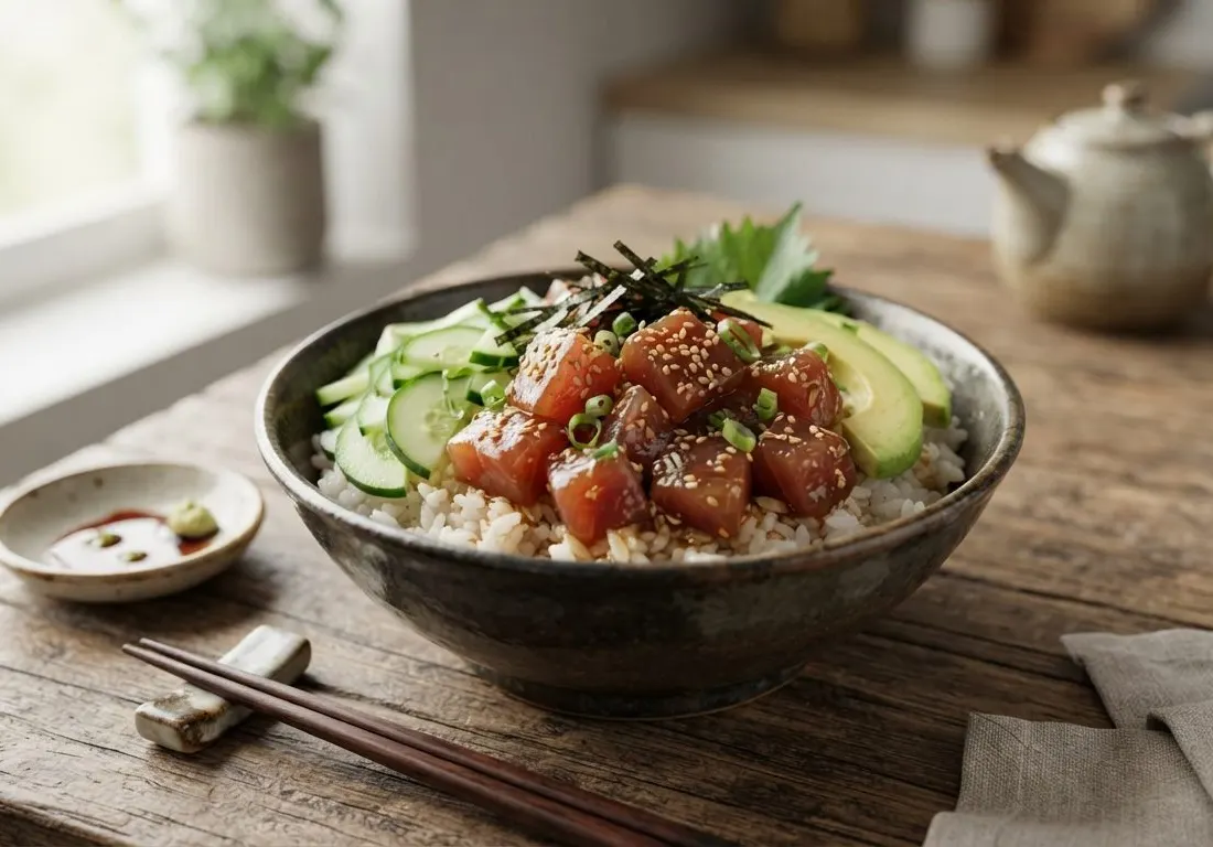 Bowl de riz, thon, concombre et sauce soja