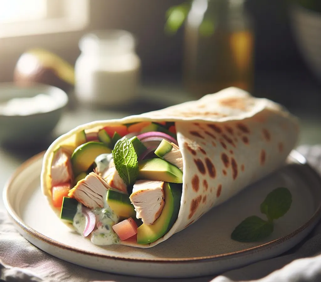 Wrap au poulet rôti, avocat, crudités et sauce yaourt-menthe