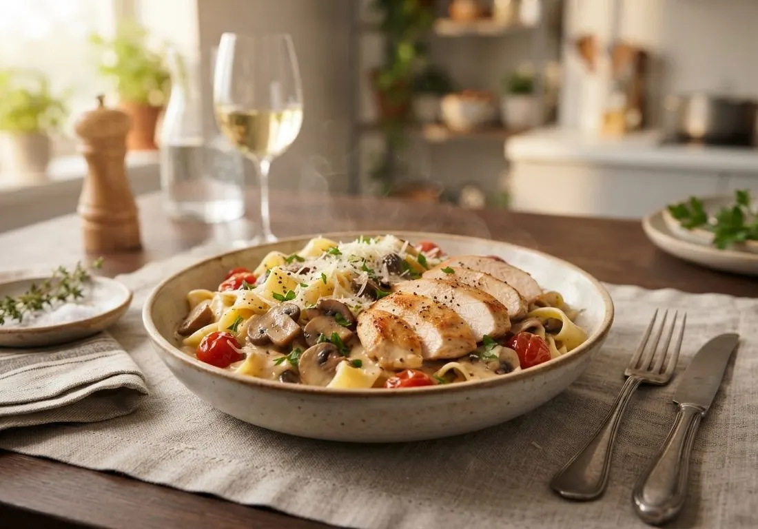 Nouilles sautées aux crevettes, ail et pousses de soja