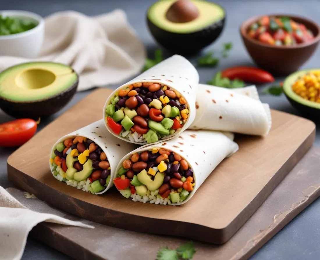 Wrap Tex-Mex aux Haricots Noirs, Riz aux Épices, Avocat, Maïs Grillé et Salsa Fraîche