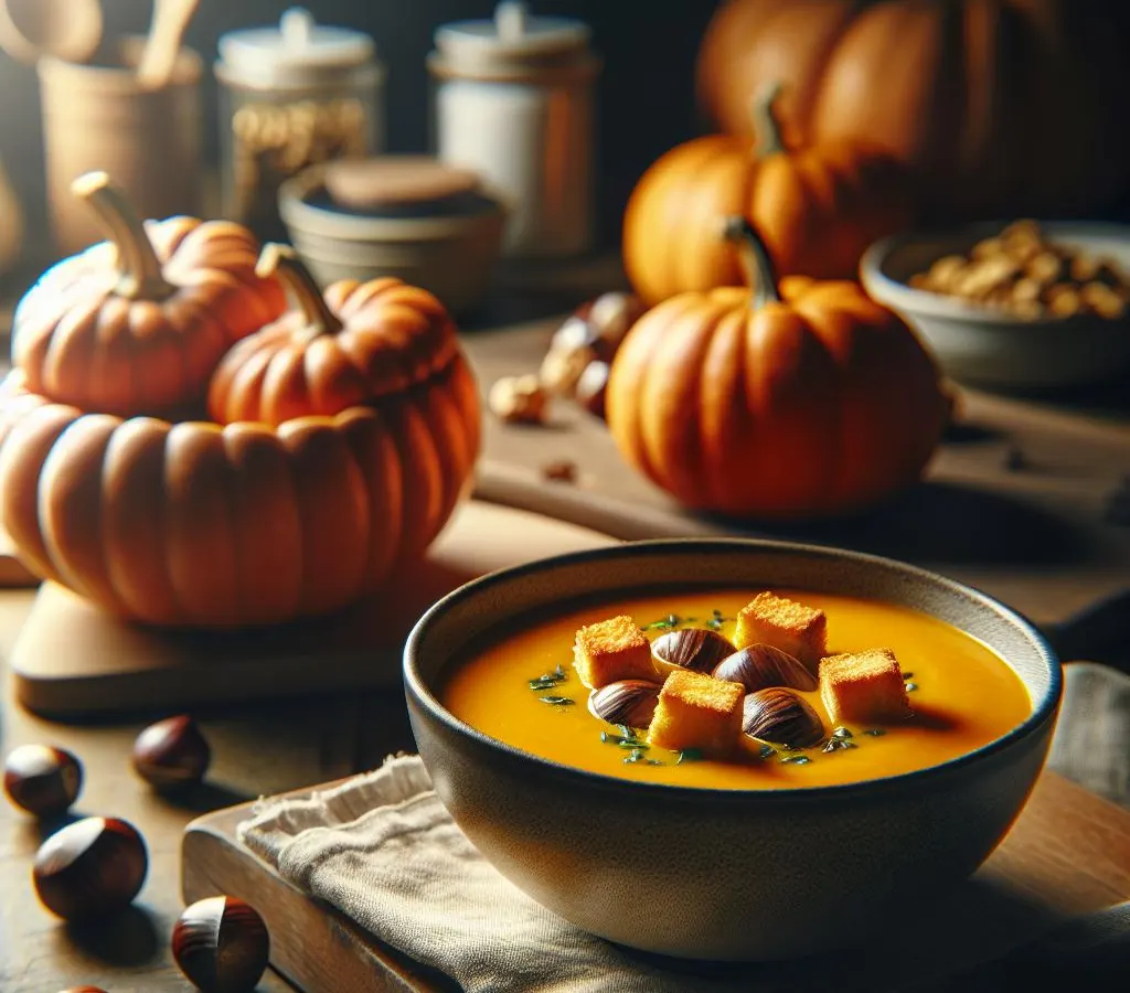 Soupe de potimarron aux châtaignes et croûtons dorés