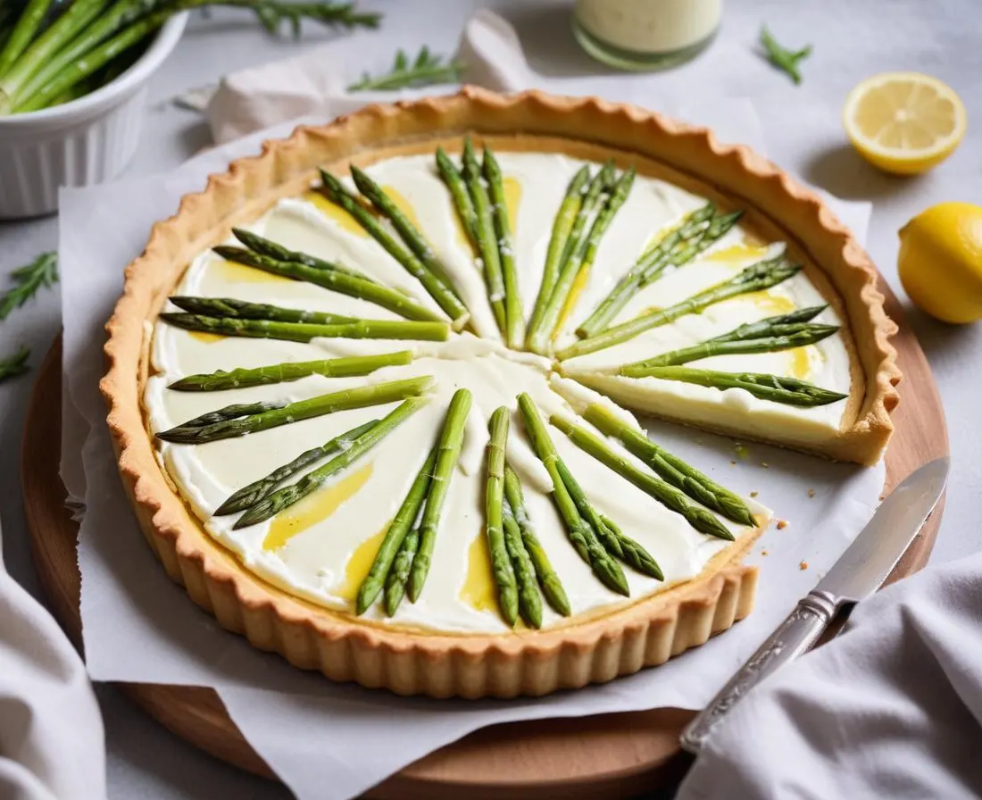 Tarte aux asperges vertes, ricotta et zestes de citron