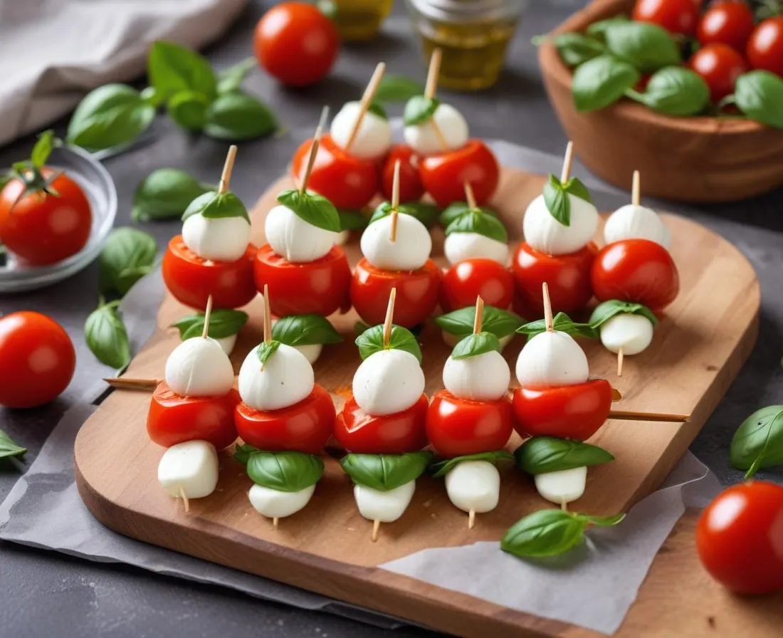 Mini-brochettes tomates-mozza-basilic