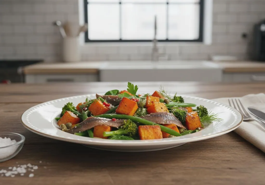 Poêlée de patates douces aux anchois et légumes verts
