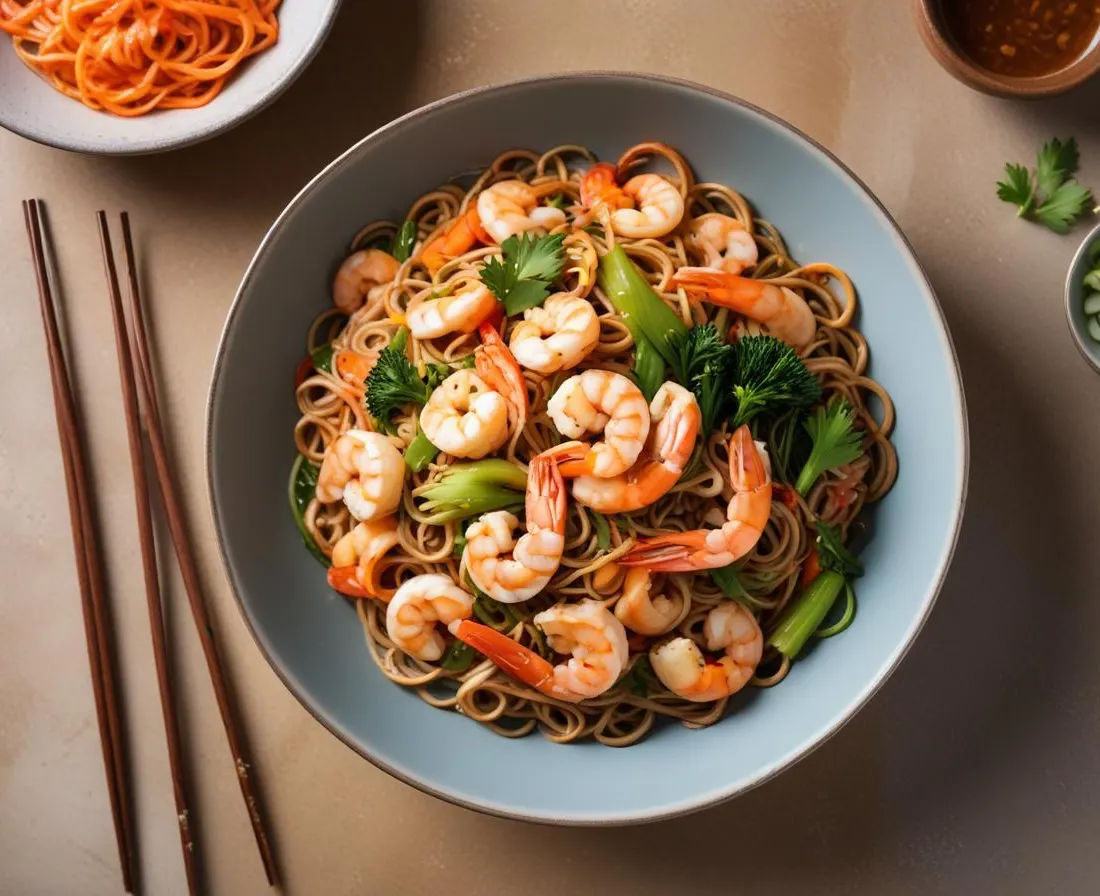 Wok de crevettes à l’ail et nouilles soba