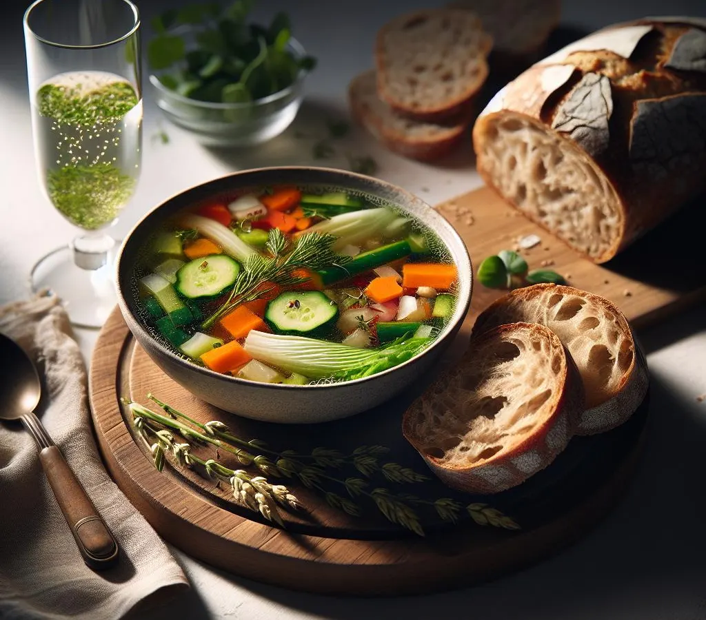 Soupe printanière aux légumes et pain complet