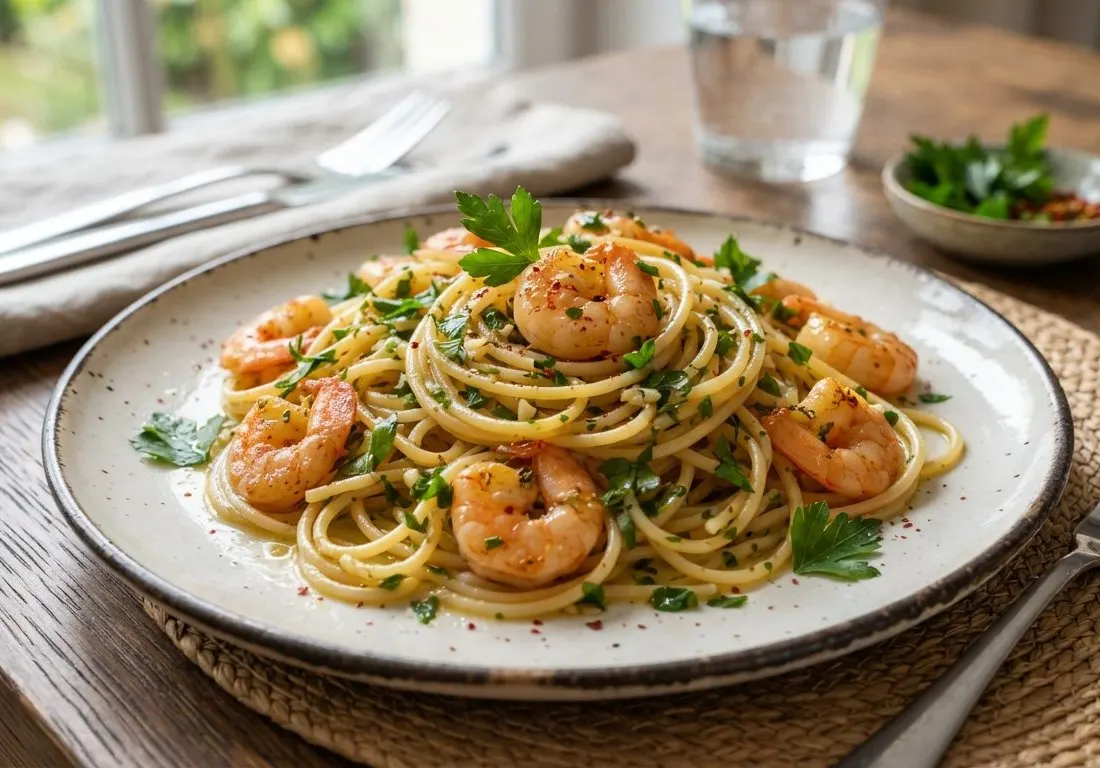 Pates aux crevettes (déjà cuites) sautées à l'ail et au persil