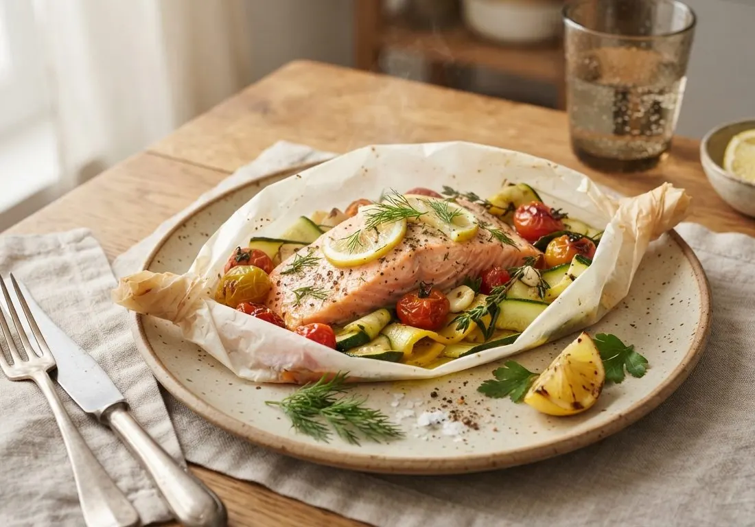 Papillote de saumon aux courgettes et tomates confites