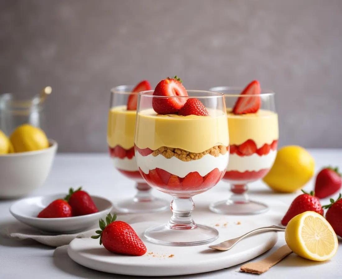 Verrine de fraises, mousse légère au citron et spéculoos écrasé