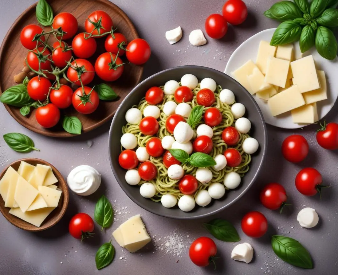 Salade de pâtes au pesto, tomates cerises et mozzarella